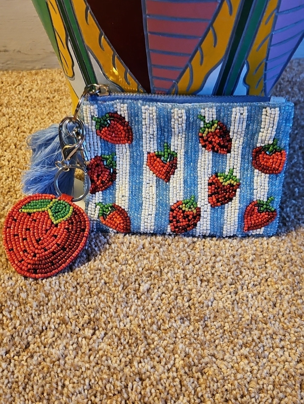 Beaded Strawberry Mini Pouch Keychain - Blue & Red